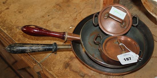 2 Jacquot Oeuf Cocotte copper pans and 2 frying pans